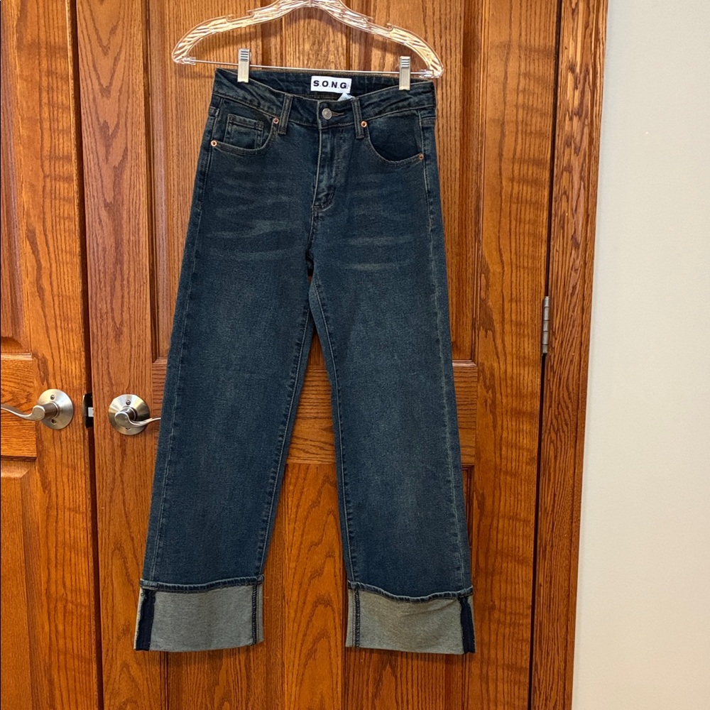 SONG Women's Dark Blue Flare Cuffed Jeans, Size 0/24